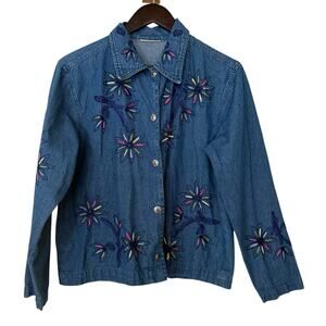 Vintage 1980s Denim Jean Long Sleeve Embroidered Collared Full Button Jacket L